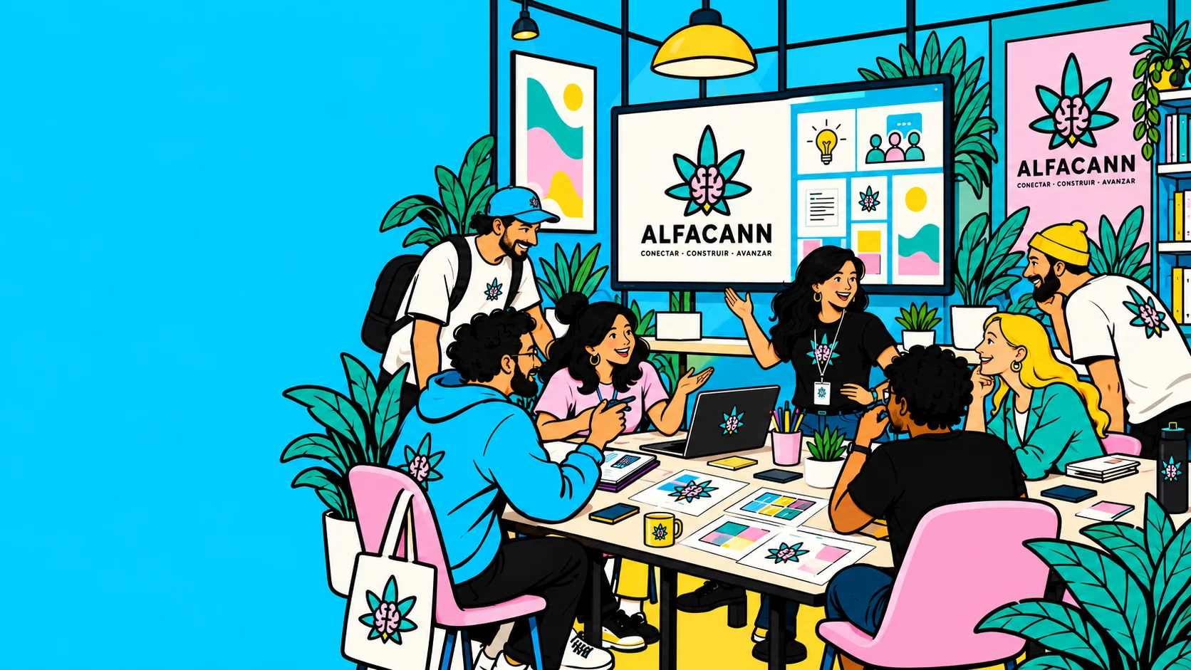 Equipo de ALFACANN reunido en torno a una mesa de trabajo, conversando frente a una pantalla con la marca